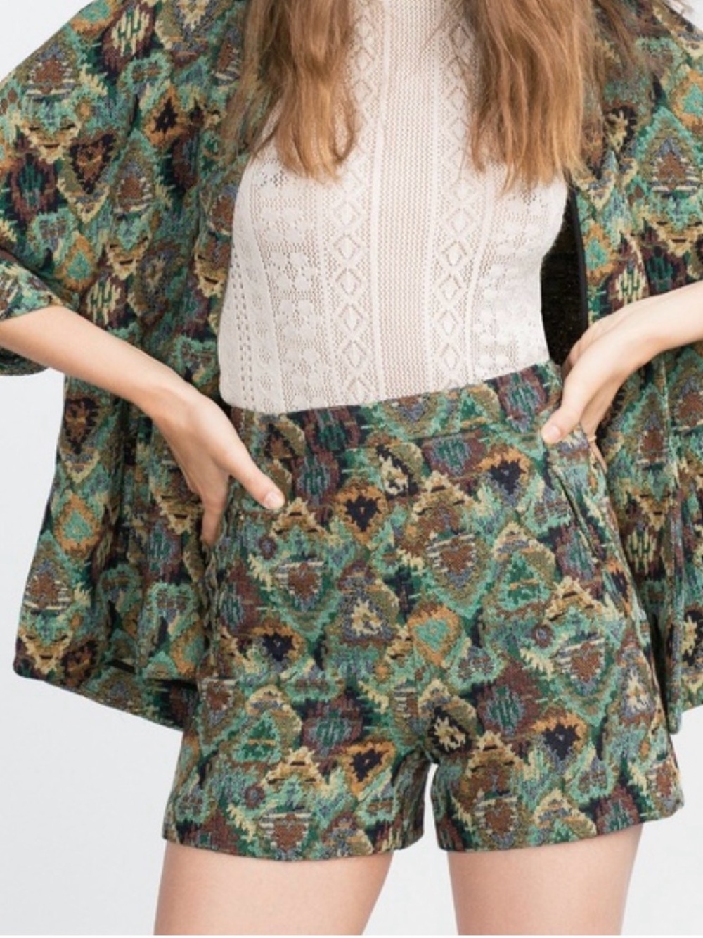 Zara High Waist Geometric Ikat Tapestry Jacquard Shorts Goeblin Weave Green S